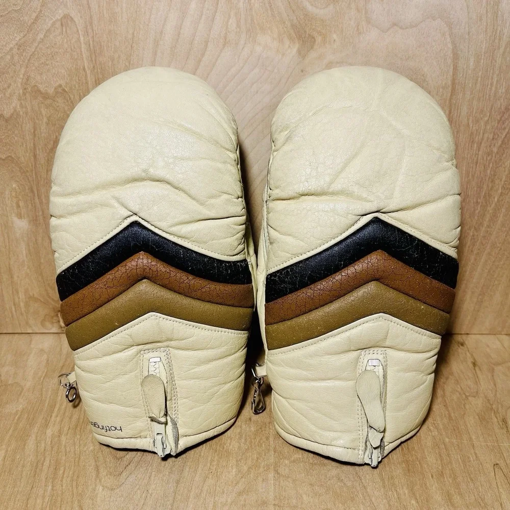 Vintage Hotfingers Leather Mittens Lined Cream Brown Chevron Zipper Skiing Women